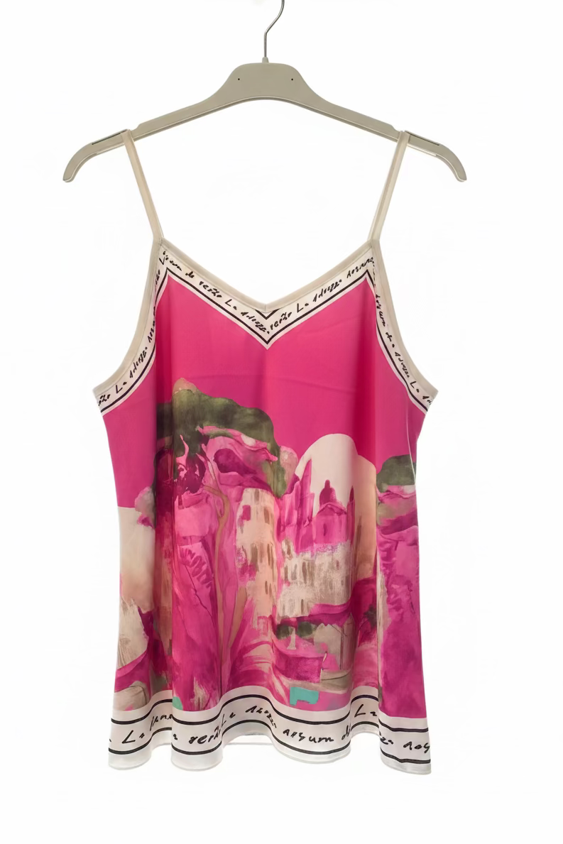 O/S-Italian Watercolour Print Women’s Spaghetti StrapTank Top- MAGENTA PINK  - Viscose/ Polyester blend-Made in Italy