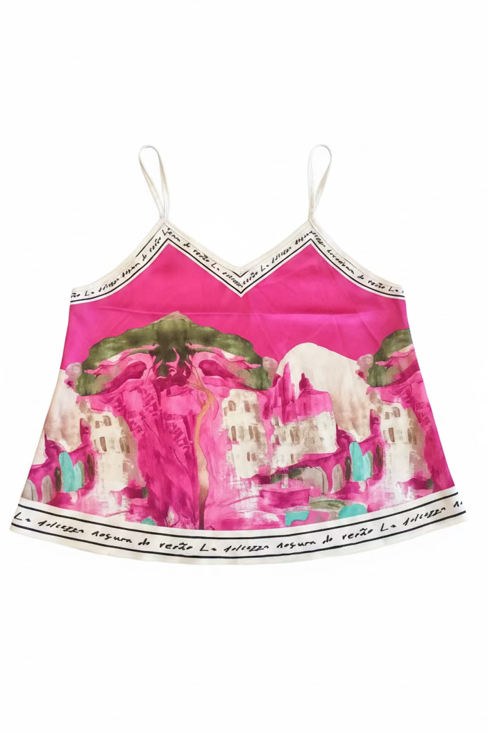 O/S-Italian Watercolour Print Women’s Spaghetti StrapTank Top- MAGENTA PINK  - Viscose/ Polyester blend-Made in Italy