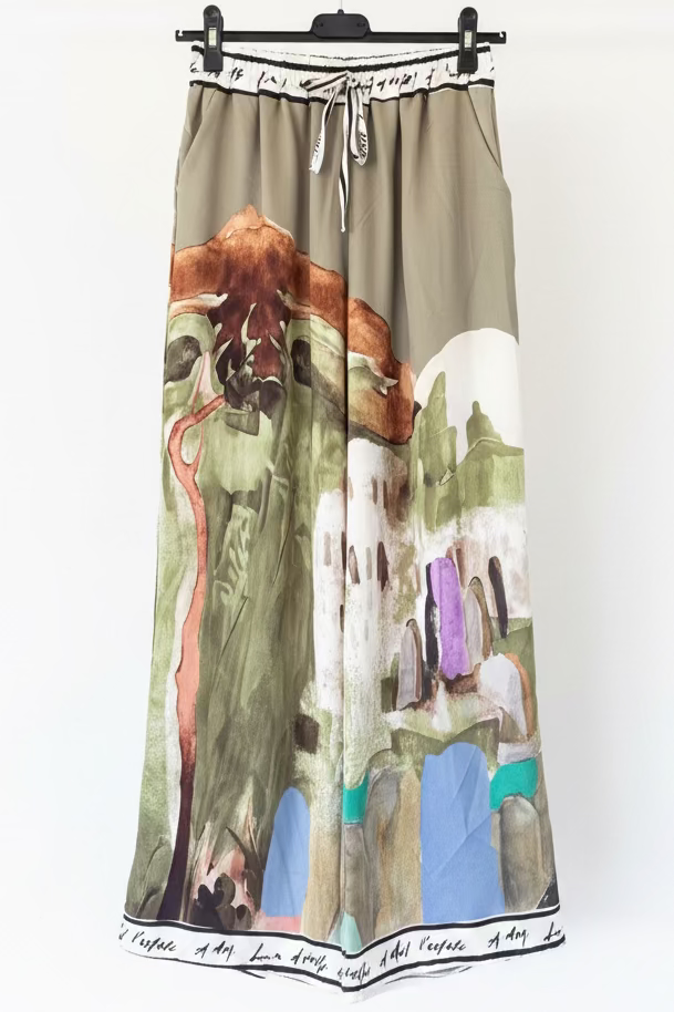O/S - Italian Watercolour Women’s Pant & Spaghetti Strap Tank Top Set- OLIVE - Viscose/ Polyester blend, Made in Italy