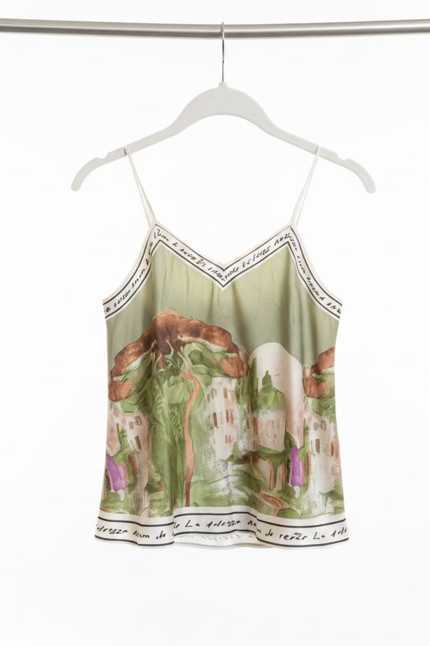 O/S - Italian Watercolour Women’s Pant & Spaghetti Strap Tank Top Set- OLIVE - Viscose/ Polyester blend, Made in Italy