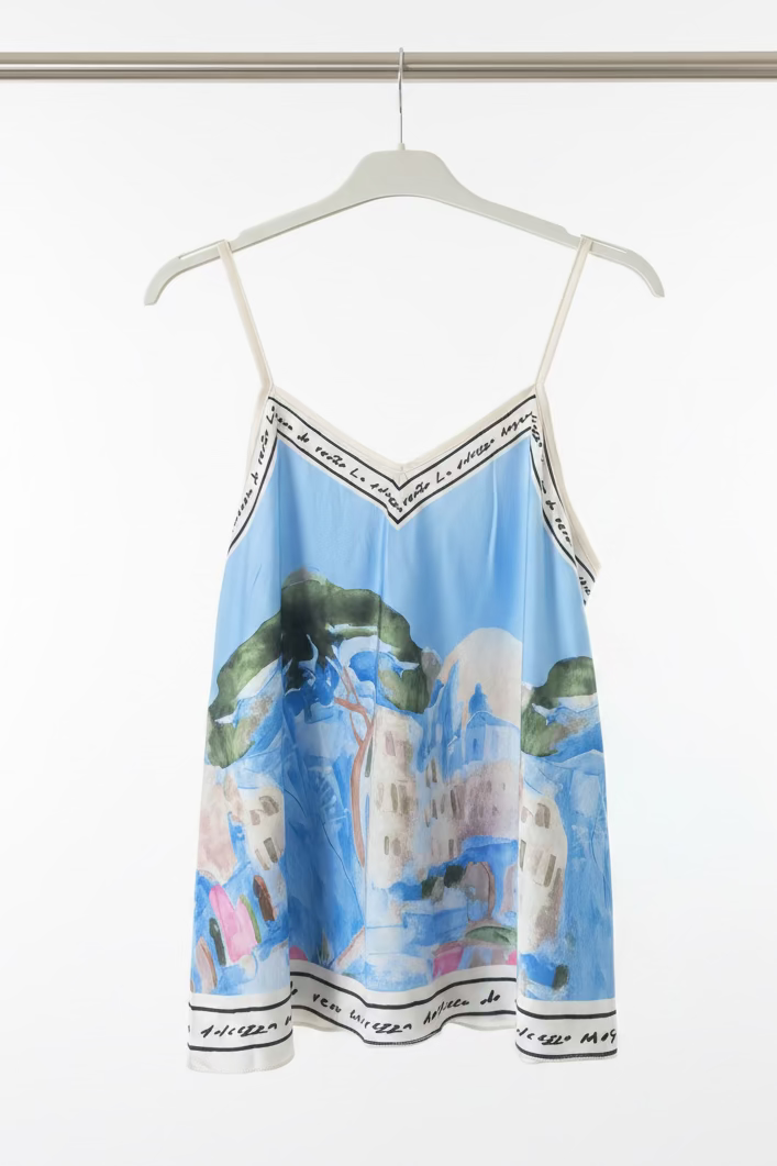 O/S-Italian Watercolour Print Women’s Spaghetti StrapTank Top- BABY BLUE - Viscose/ Polyester blend-Made in Italy