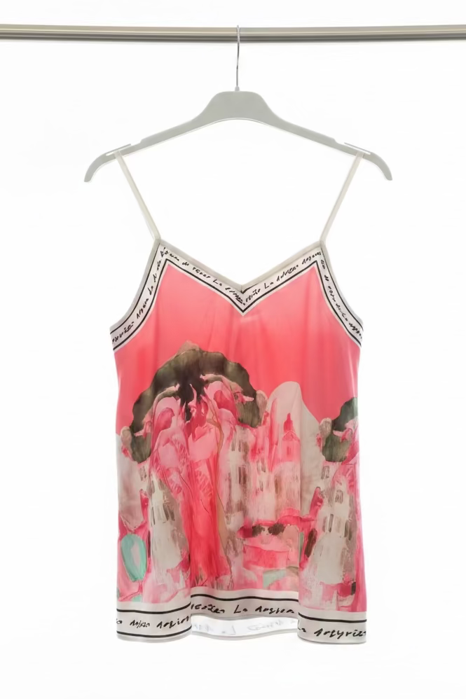 O/S-Italian Watercolour Print Women’s Spaghetti StrapTank Top- FUSCHIA PINK - Viscose/ Polyester blend-Made in Italy