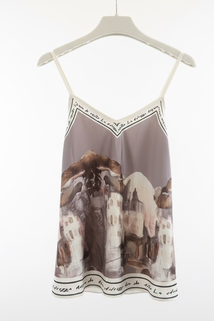 O/S-Italian Watercolour Print Women’s Spaghetti StrapTank Top- TAUPE- Viscose/ Polyester blend-Made in Italy