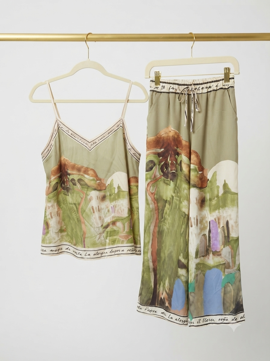 O/S - Italian Watercolour Women’s Pant & Spaghetti Strap Tank Top Set- OLIVE - Viscose/ Polyester blend, Made in Italy