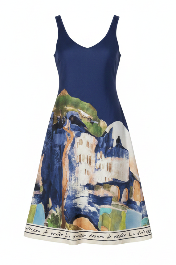 O/S Italian Silk WIDE STRAP V-Maxi Dress -NAVY-Watercolour print, Made in Italy, Viscose/Silk blend