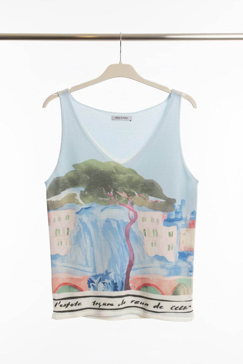 Watercolour print Knitted Women’s Tank Top - BLUE - Soft Viscose blend, Made in Italy, O/S