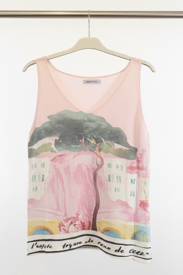 Watercolour Print Knitted Women’s Tank Top - PINK - Soft Viscose blend, Made in Italy, O/S