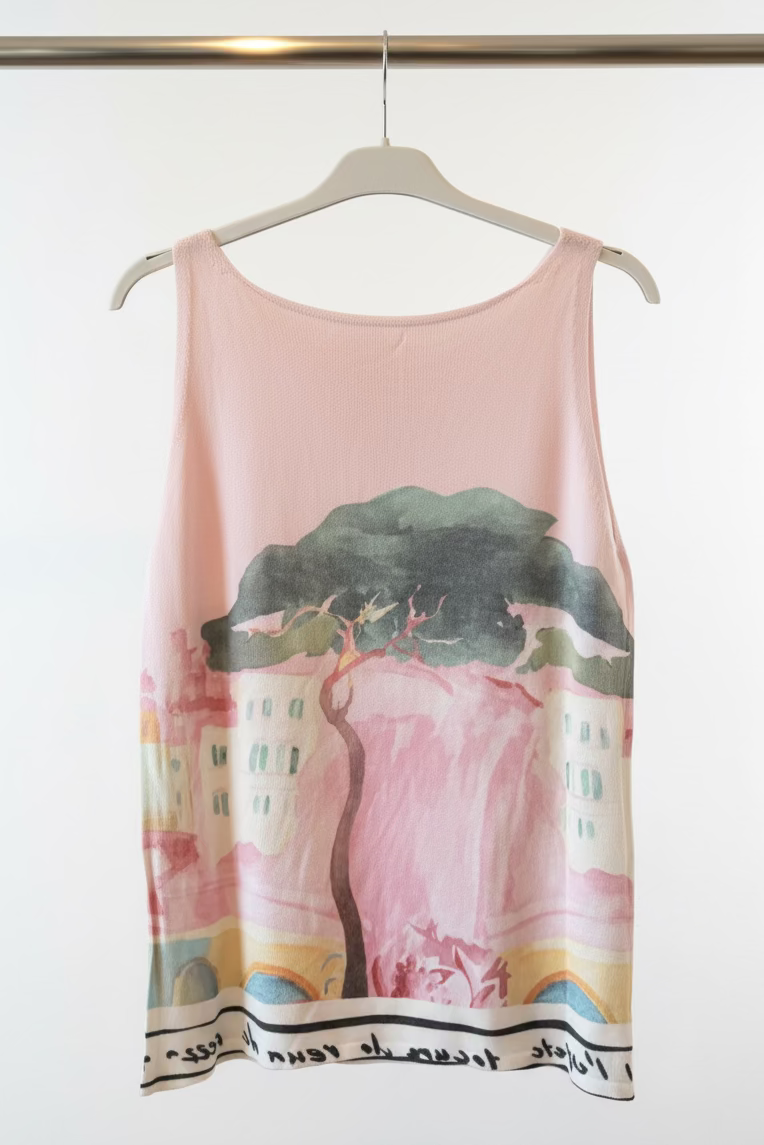 Watercolour Print Knitted Women’s Tank Top - PINK - Soft Viscose blend, Made in Italy, O/S