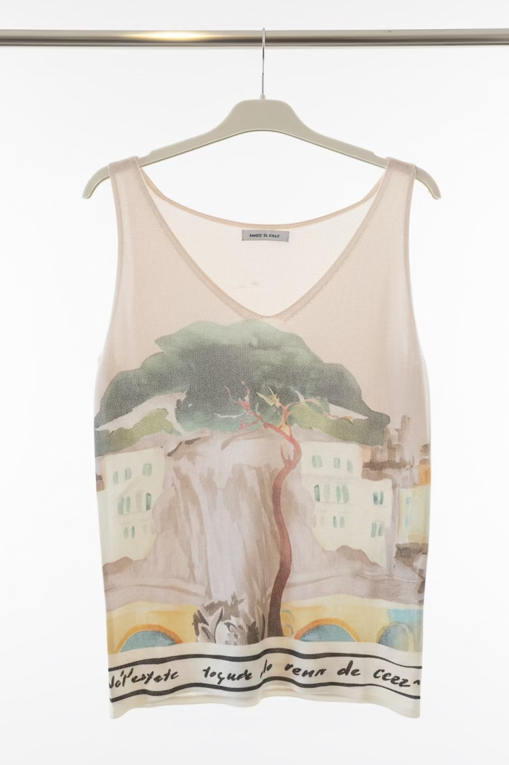 Watercolour Print Knitted Women’s Tank Top - BEIGE - Soft Viscose blend, Made in Italy, O/S
