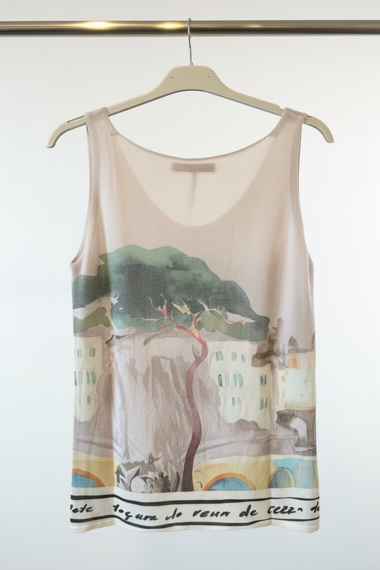 Watercolour Print Knitted Women’s Tank Top - BEIGE - Soft Viscose blend, Made in Italy, O/S
