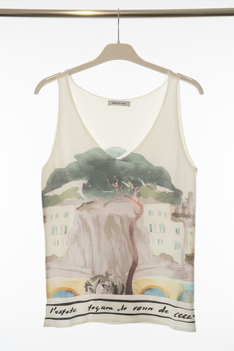Watercolour Print Knitted Women’s Tank Top - WHITE - Soft Viscose blend, Made in Italy, O/S