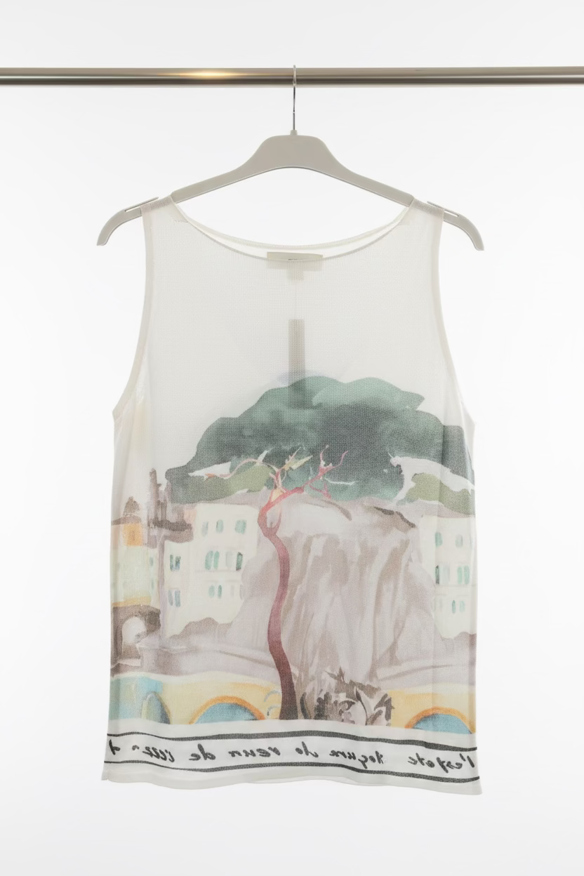 Watercolour Print Knitted Women’s Tank Top - WHITE - Soft Viscose blend, Made in Italy, O/S