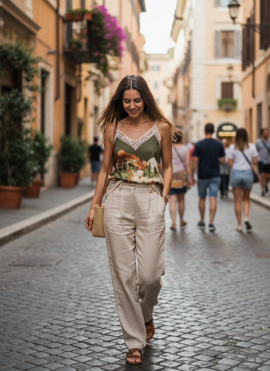 Italian Watercolour Print Tank - Deep Olive Green Polyester