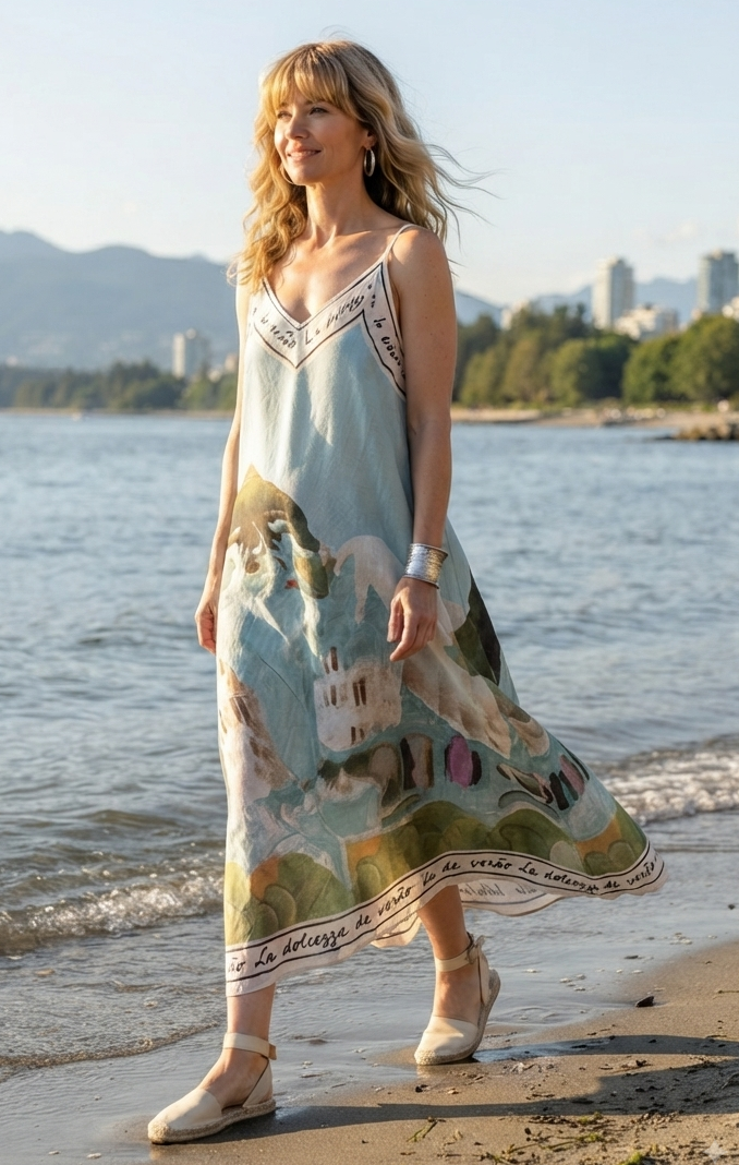 LINEN Women's Maxi Dress-Made in Italy-TURQUOISE - O/S