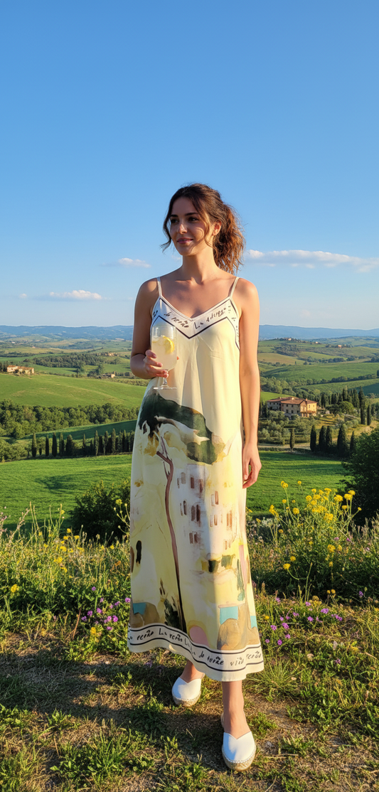 Italian Watercolour Print Silk Maxi Dress - Butter Yellow O/S