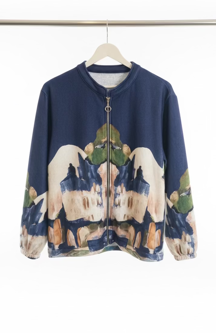 Soft Italian Watercolor Zip-Up Jacket- NAVY BLUE- Viscose  Blend, Made in Italy outerwear, O/S