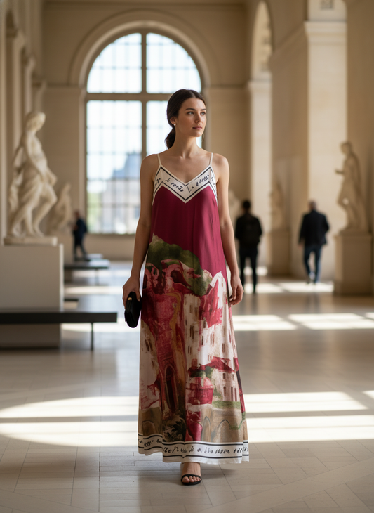 Italian Silk Watercolour Maxi Dress - Wine Red O/S