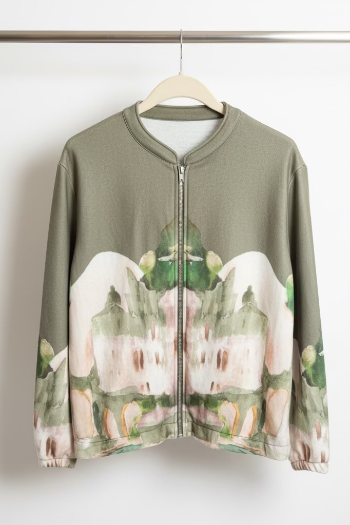 Soft Italian Watercolor Zip-Up Jacket-OLIVE- Viscose  Blend, Made in Italy Outerwear, O/S