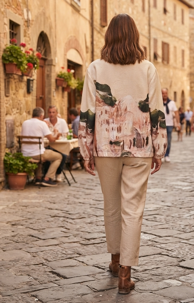Soft Italian  Zip-Up Jacket - CREAM - Watercolor Print