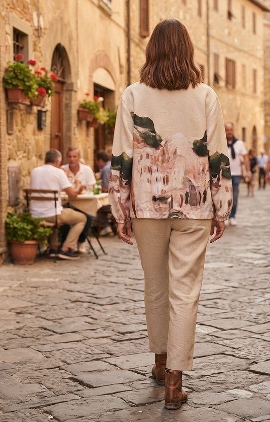 Soft Italian  Zip-Up Jacket - CREAM - Watercolor Print