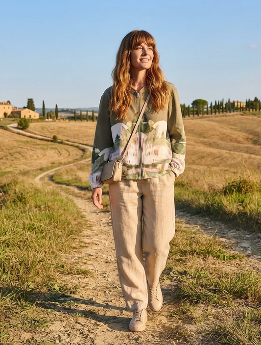 Soft Italian Watercolor Zip-Up Jacket-OLIVE- Viscose  Blend, Made in Italy Outerwear, O/S