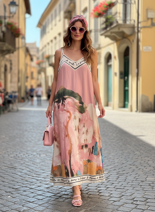 Italian Watercolour Maxi Dress-Barbie Pink  O/S - Polyester