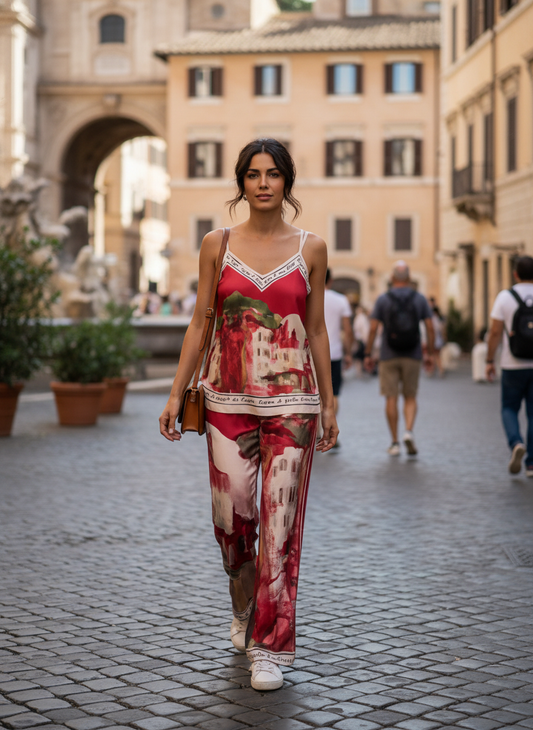 Italian Watercolour Pant & Tank Set-Red- Polyester