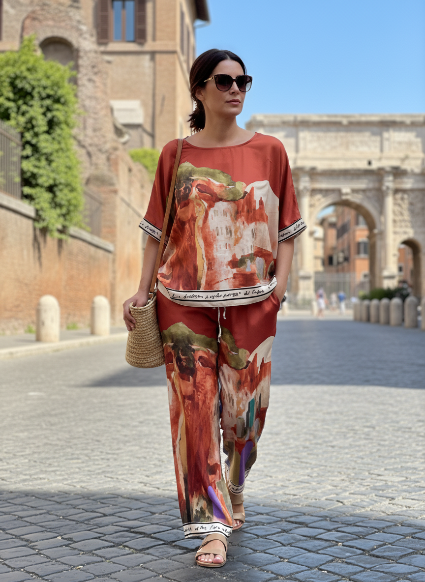 Italian Watercolour Pants- Copper with pockets- Polyester