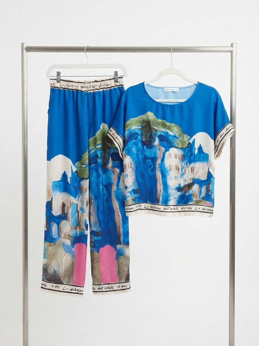 O/S - Italian Watercolour Women’s Pant & Oversized Relaxed Top Set-ELECTRIC BLUE - Viscose/ Polyester blend, Made in Italy