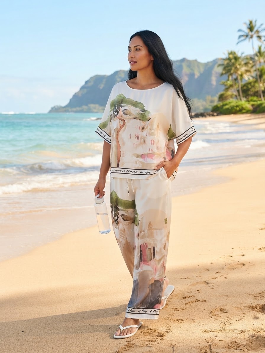O/S - Italian Watercolour Women’s Pant & Oversized Relaxed Top Set-WHITE - Viscose/ Polyester blend, Made in Italy