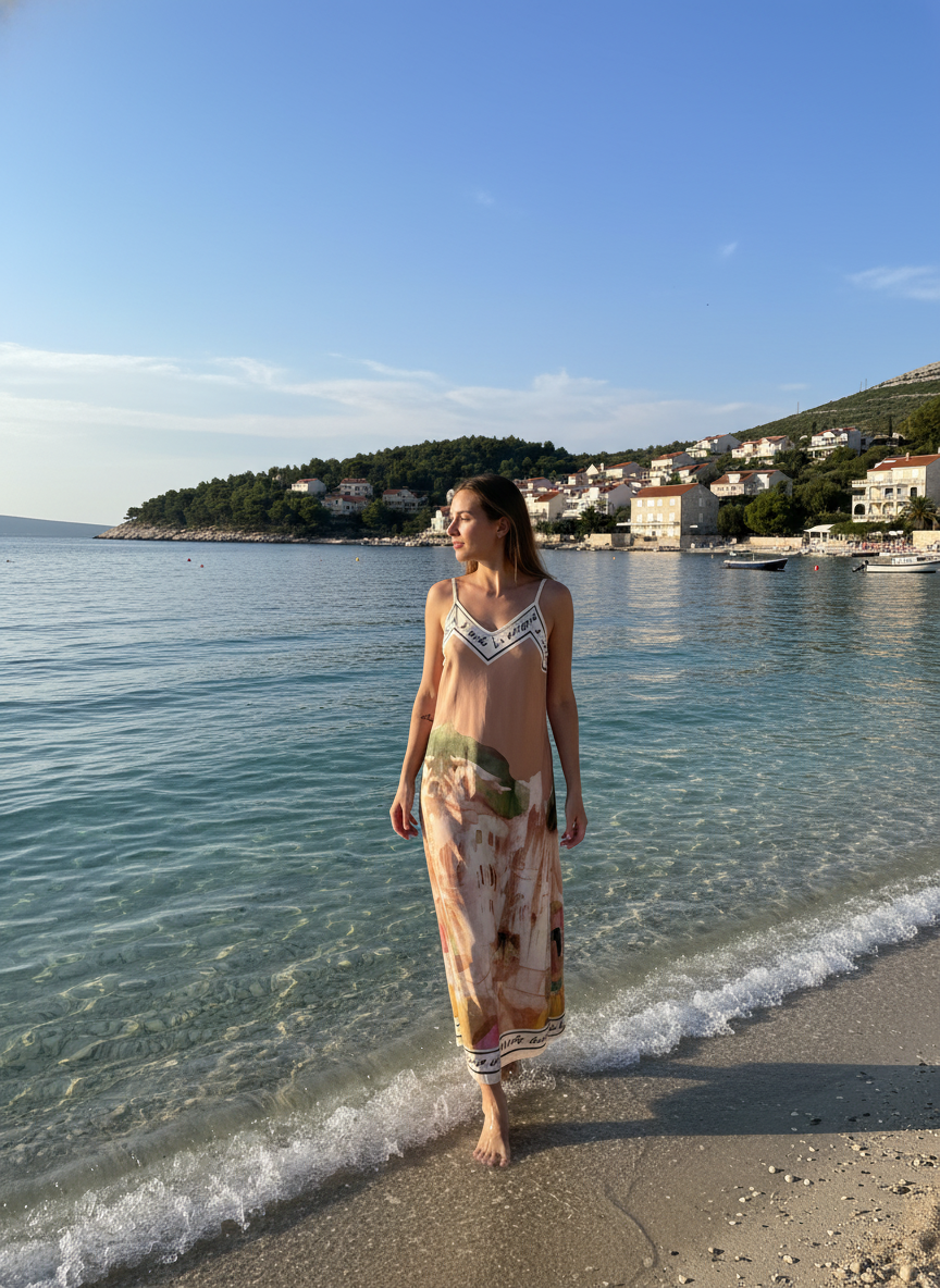 Italian Silk Maxi Dress - BRONZE – Watercolour print, Made in Italy, Viscose/Silk blend