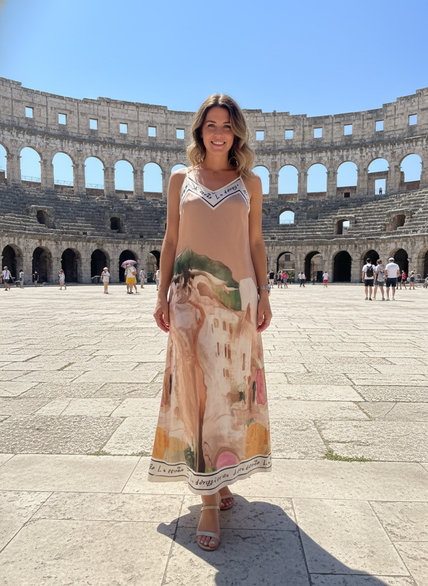 Italian Silk Maxi Dress - BRONZE – Watercolour print, Made in Italy, Viscose/Silk blend