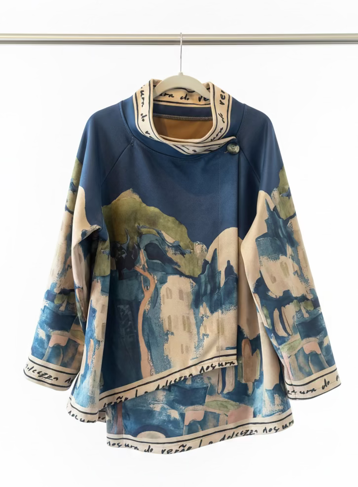 Italian Watercolour  Asymmetric Brushed Suede Feel Jacket Top-NAVY BLUE - Made in Italy Outerwear, O/S