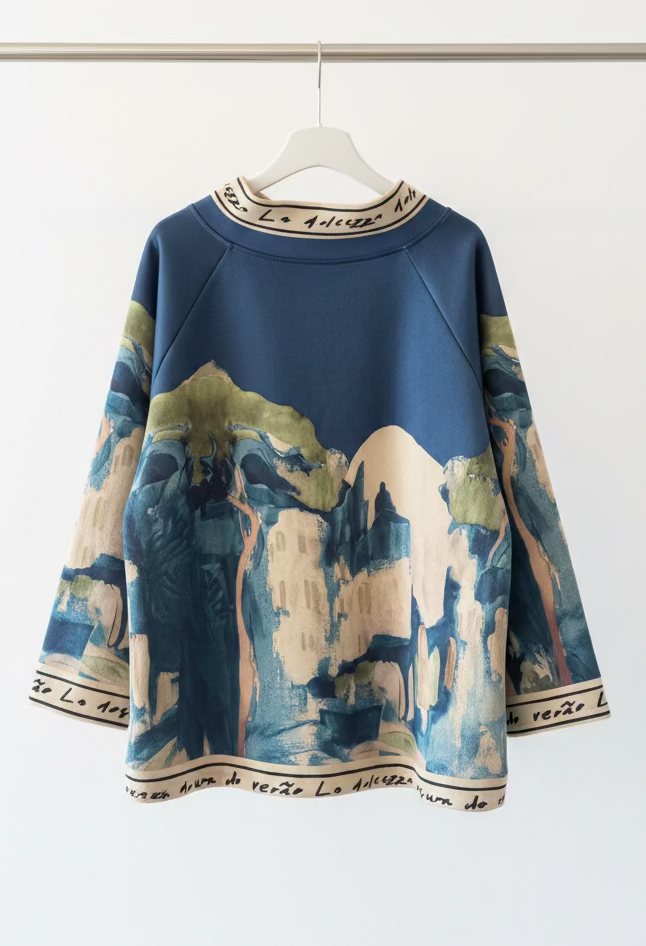 Italian Watercolour  Asymmetric Brushed Suede Feel Jacket Top-NAVY BLUE - Made in Italy Outerwear, O/S