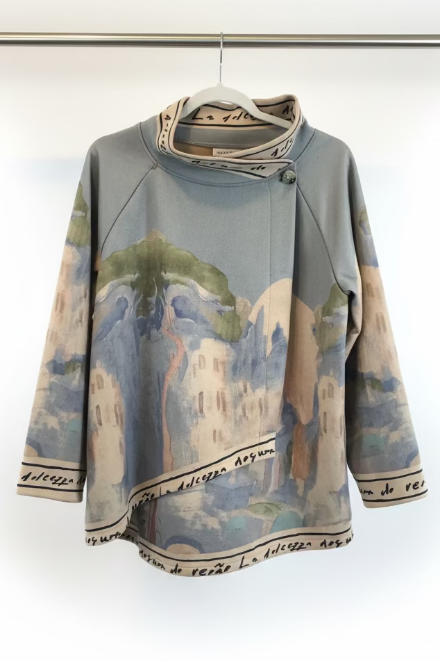 Italian Watercolour  Asymmetric Brushed Suede Feel Jacket Top- LIGHT BLUE- Made in Italy Outerwear, O/S