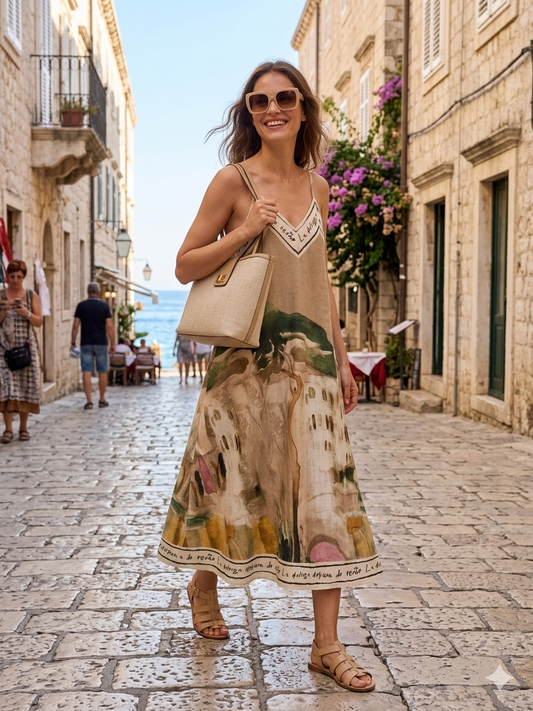 LINEN Women's Maxi Dress - Made in Italy-TAUPE - O/S