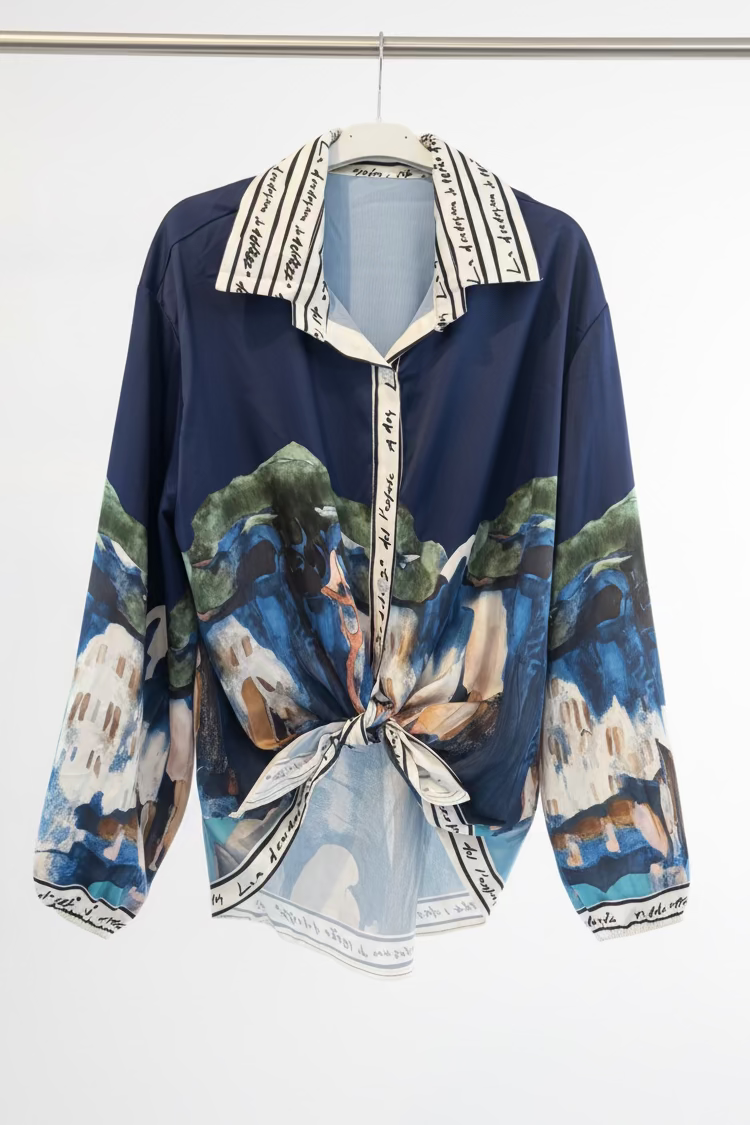 Made in Italy Blouse - Watercolor  Print, Tie-Front with High Collar Chic -NAVY BLUE, O/S