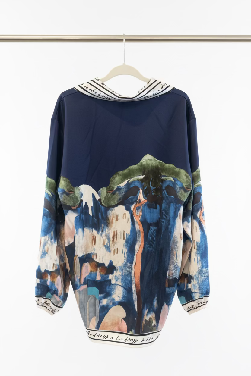 Made in Italy Blouse - Watercolor  Print, Tie-Front with High Collar Chic -NAVY BLUE, O/S