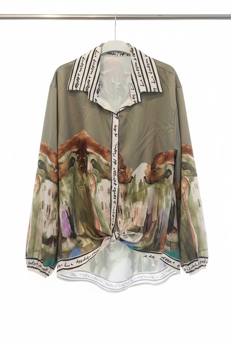 Made in Italy Blouse - Watercolor  Print, Tie-Front with High Collar Chic -OLIVE GREEN-O/S