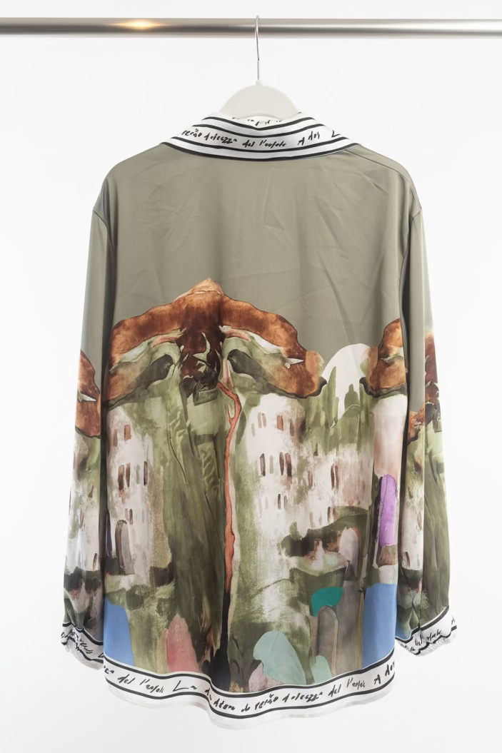 Made in Italy Blouse - Watercolor  Print, Tie-Front with High Collar Chic -OLIVE GREEN-O/S