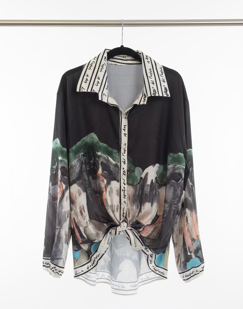 Made in Italy Blouse - Watercolor  Print, Tie-Front with High Collar Chic -BLACK -O/S