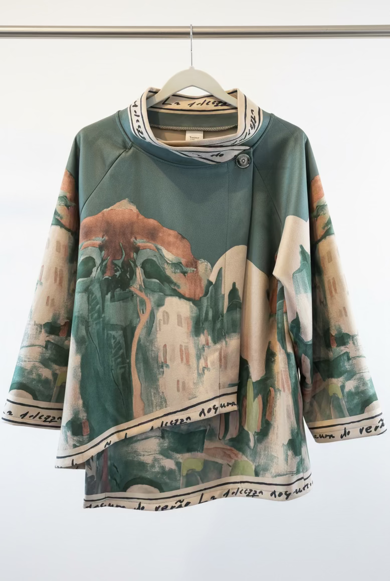 Italian Watercolour  Asymmetric Brushed Suede Feel Jacket Top- EMERALD GREEN- Made in Italy Outerwear, O/S