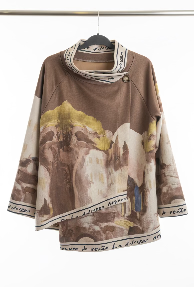 Italian Watercolour  Asymmetric Brushed Suede Feel Jacket Top- BROWN - Made in Italy Outerwear, O/S