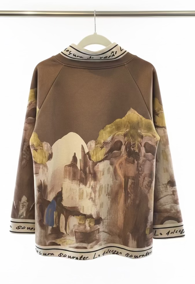 Italian Watercolour  Asymmetric Brushed Suede Feel Jacket Top- BROWN - Made in Italy Outerwear, O/S