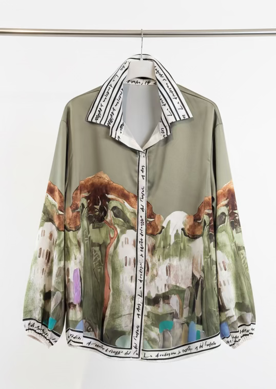 Made in Italy Blouse - Watercolor  Print, Tie-Front with High Collar Chic -OLIVE GREEN-O/S