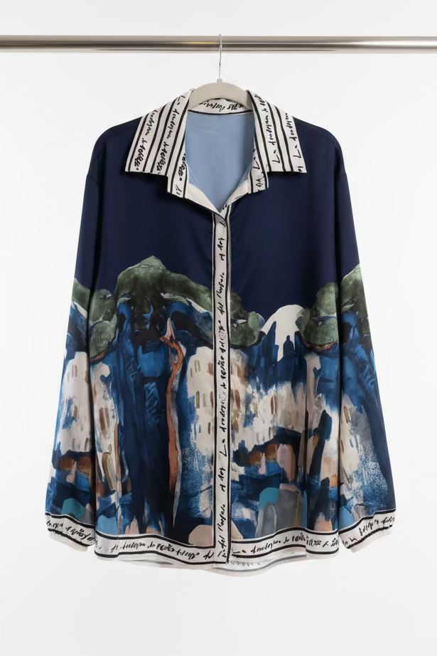 Made in Italy Blouse - Watercolor  Print, Tie-Front with High Collar Chic -NAVY BLUE, O/S