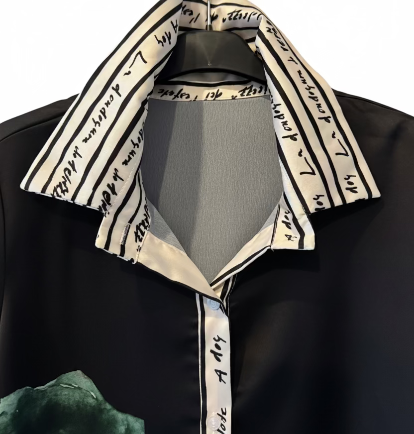 Made in Italy Blouse - Watercolor  Print, Tie-Front with High Collar Chic -BLACK -O/S