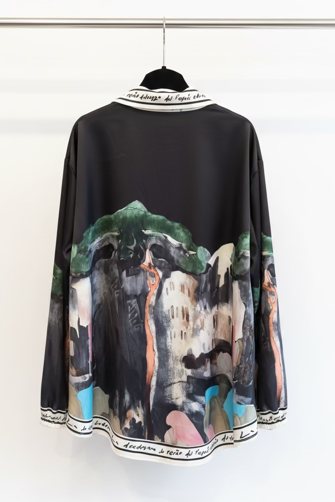 Made in Italy Blouse - Watercolor  Print, Tie-Front with High Collar Chic -BLACK -O/S