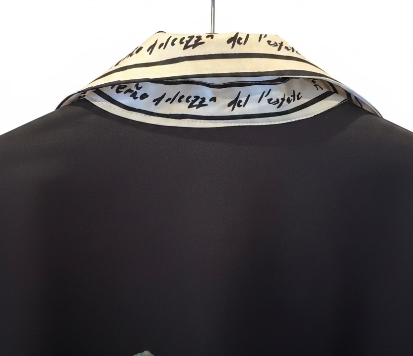 Made in Italy Blouse - Watercolor  Print, Tie-Front with High Collar Chic -BLACK -O/S