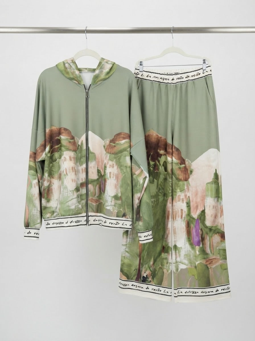 Italian Watercolour Women’s Track Suit- OLIVE GREEN -Viscose/ Polyester blend, Made in Italy, O/S
